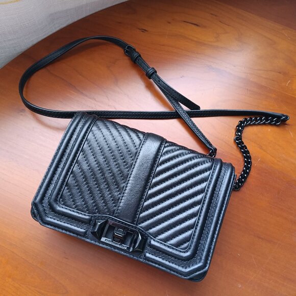 Rebecca Minkoff Chevron Embossed Small Black Leather Shoulder Bag - Picture 1 of 9